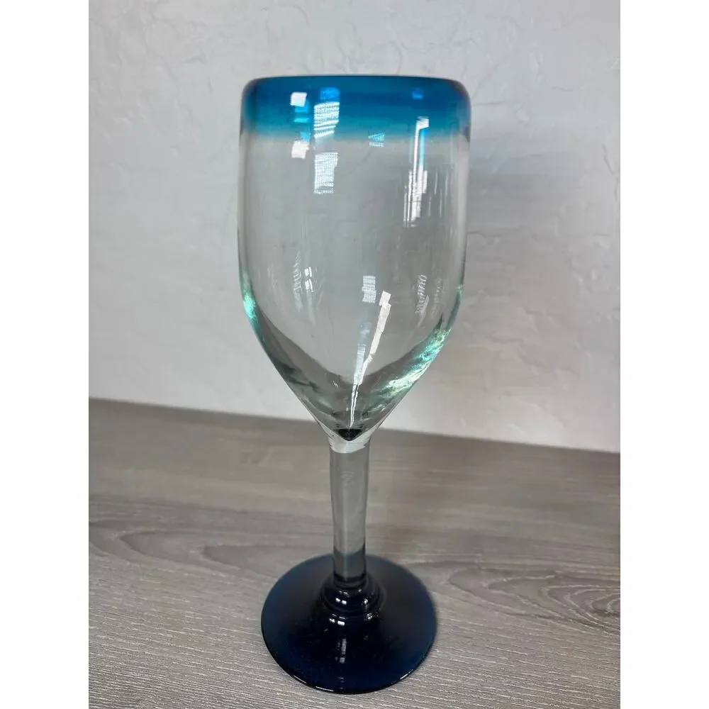 Set of 6 Hand Blown Clear w/ Light Turquoise Blue‎ Rim Tall Wine Glass 8 3/4”